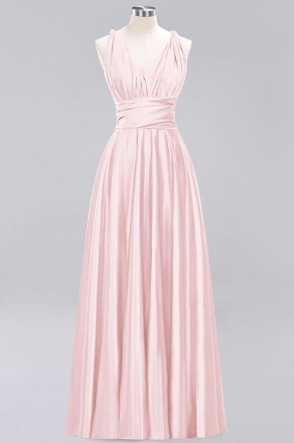 Simple A-Line V-Neck Sleeveless Floor Length Convertible Bridesmaid Dress with Ruffles