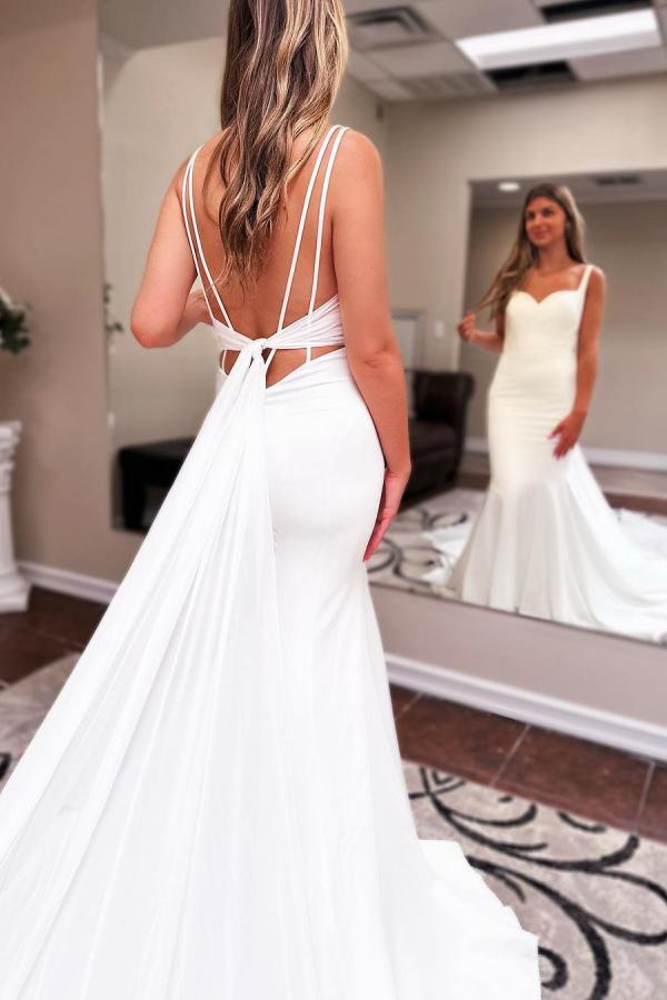 White straps sweetheart mermaid wedding dress with court train