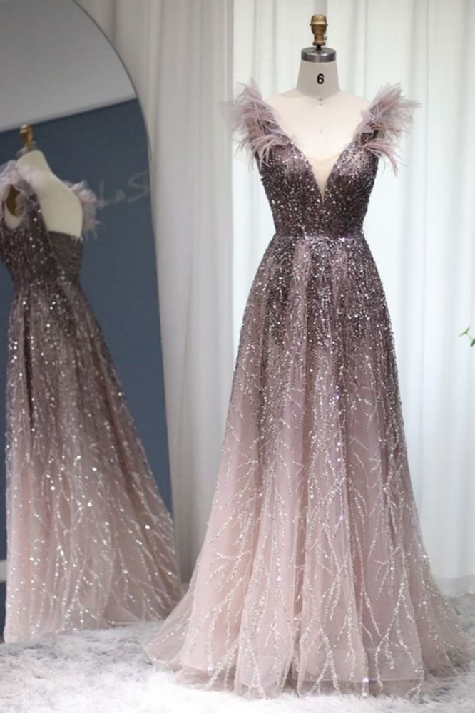 Luxury Glitter Sequins Aline Evening Party Dress V-Neck Fur Floor-Length Formal Dresses