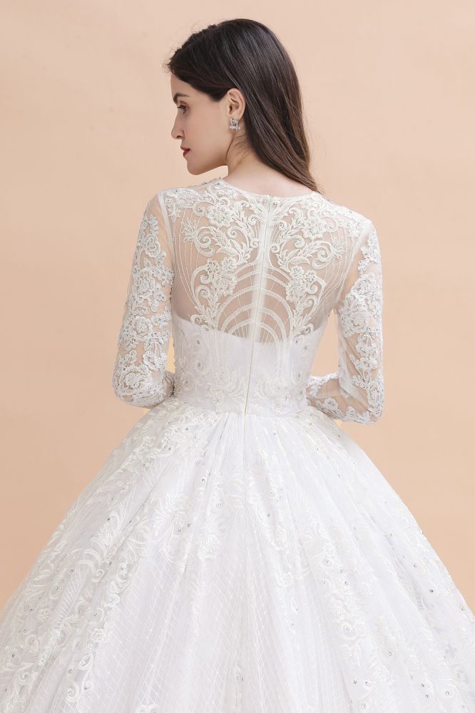 Glamorous Long Sleeve Beads White/Ivory Lace Appliques Wedding Dress