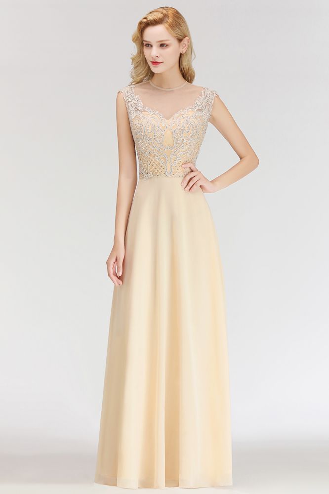 Elegant Champagne Sleeveless A-Line Crystal Jewel Bridesmaid Dresses