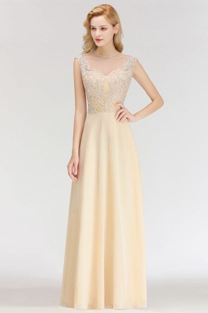 Elegant Champagne Sleeveless A-Line Crystal Jewel Bridesmaid Dresses