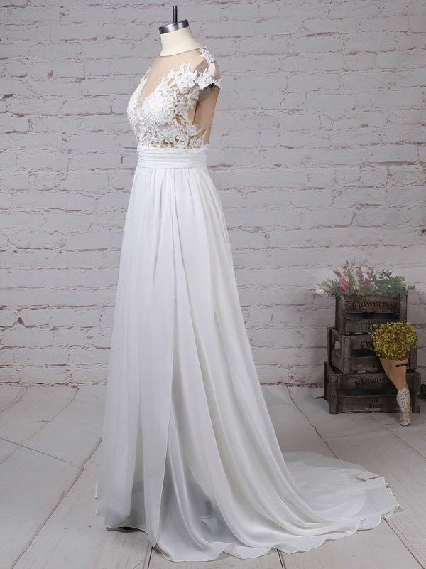 Cap sleeves High Split V-neck Lace Chiffon Wedding Dress