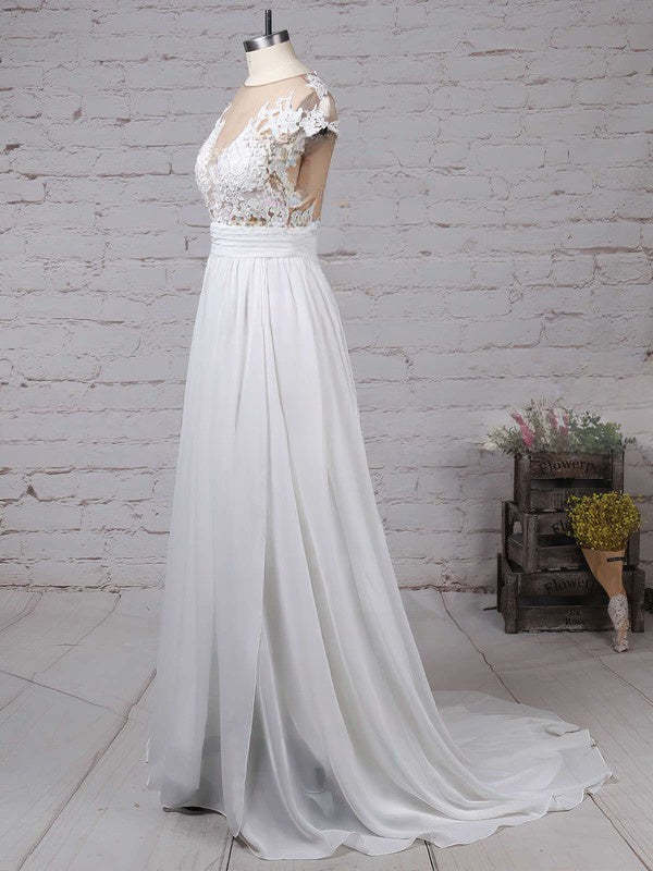 Cap sleeves High Split V-neck Lace Chiffon Wedding Dress