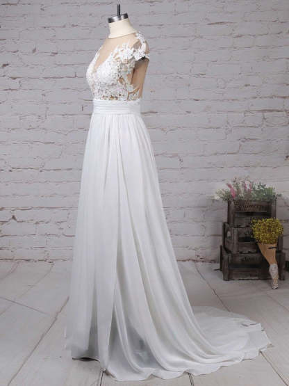 Cap sleeves High Split V-neck Lace Chiffon Wedding Dress