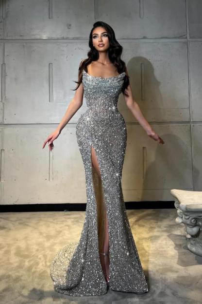 Luxurious Sequined Strapless Sleeveless Mermaid Prom Dresses with Slit