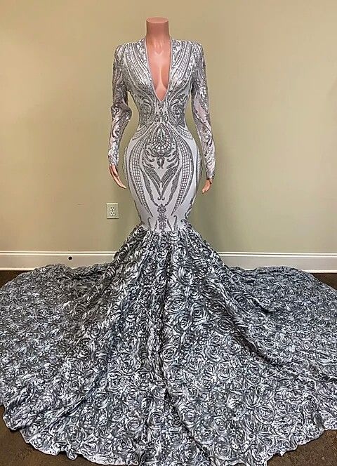 Silver long sleeves sequin floor length prom dress with flowers