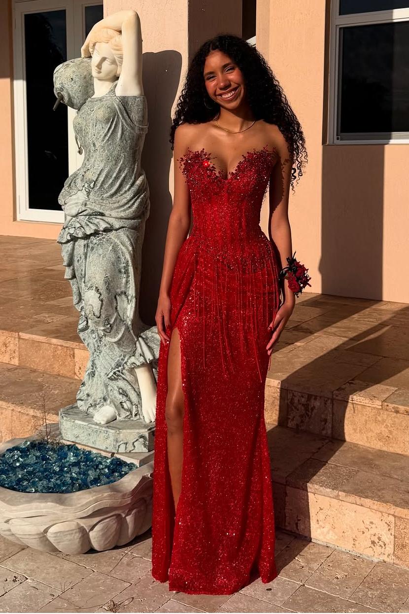 Red Strapless Sleeveless Long Mermaid Prom Dress With Sequins Split