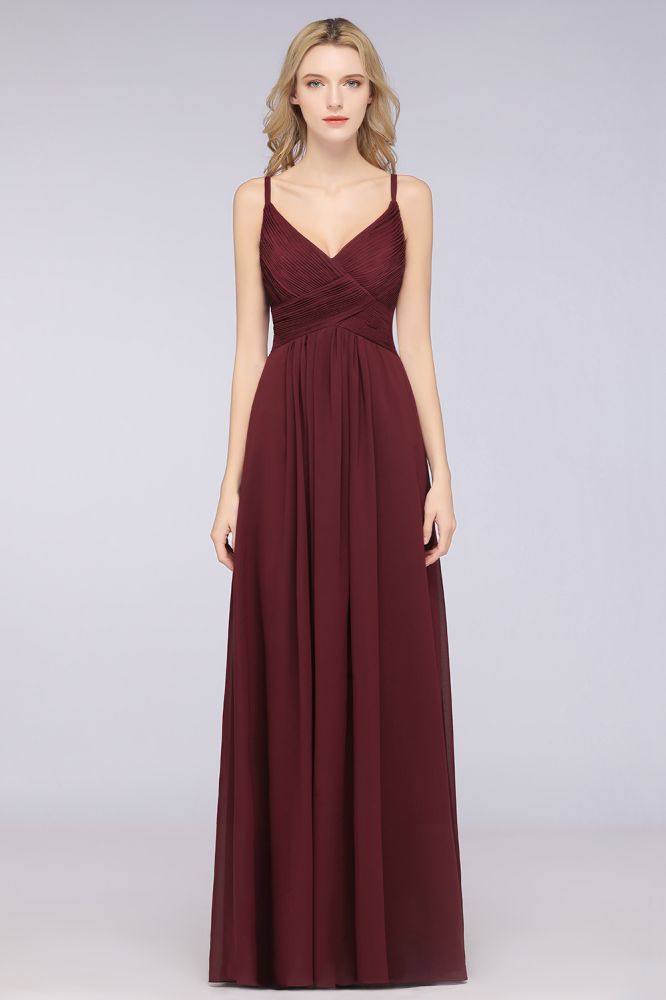 Chiffon A-Line Spaghetti-Straps V-Neck Sleeveless Long Bridesmaid Dress with Ruffles