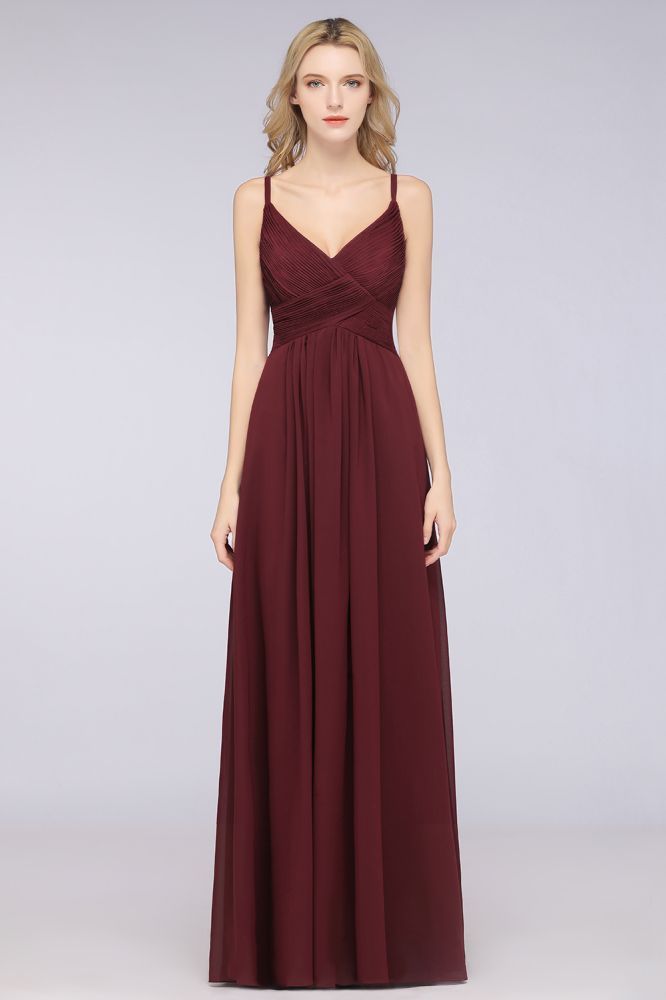 Chiffon A-Line Spaghetti-Straps V-Neck Sleeveless Long Bridesmaid Dress with Ruffles