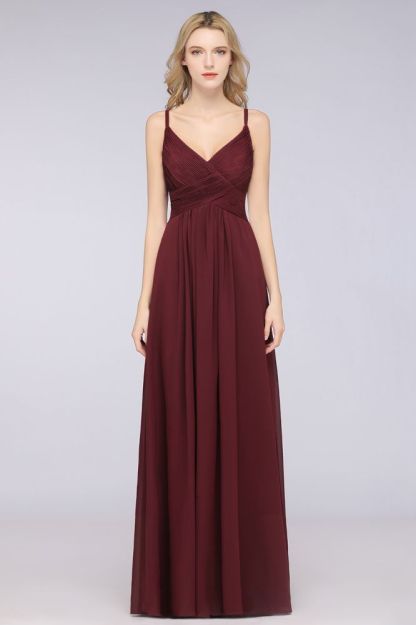Chiffon A-Line Spaghetti-Straps V-Neck Sleeveless Long Bridesmaid Dress with Ruffles