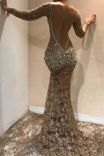 Glamorous Mermaid Long Sleeves Open Back Sequins Prom Dresses