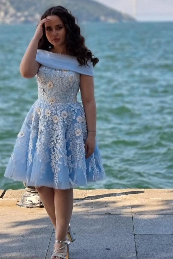 Off the shoulder light blue short homecoming dress with pleats