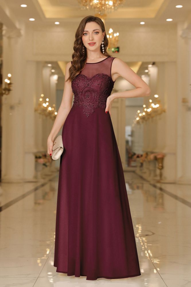 Elegant Scoop Neck Chiffon Bridesmaid Dress Sleeveless Lace Appliques Long Evening Dress