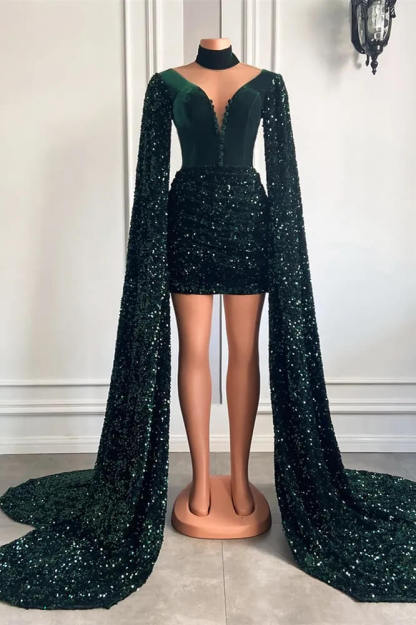 Dark Green Mini length Sequin Prom Dresses with cape