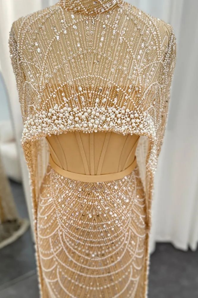 Gorgeous Champagne Cape Sleeves Mermaid Evening Dress Dubai See-through Pearls Party Dress