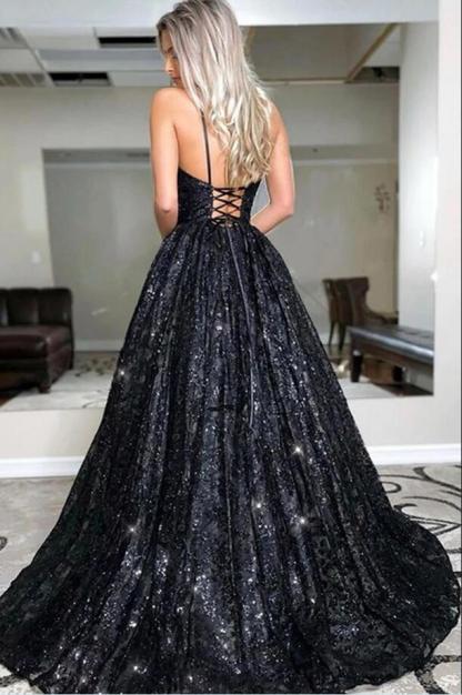 Sparkly Black Sequins Aline Evening Dress Sweetheart Party Dress