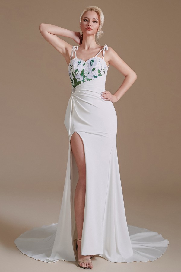Stunning Spaghetti Straps Side Slit Wedding Dress with Leaves Pattern