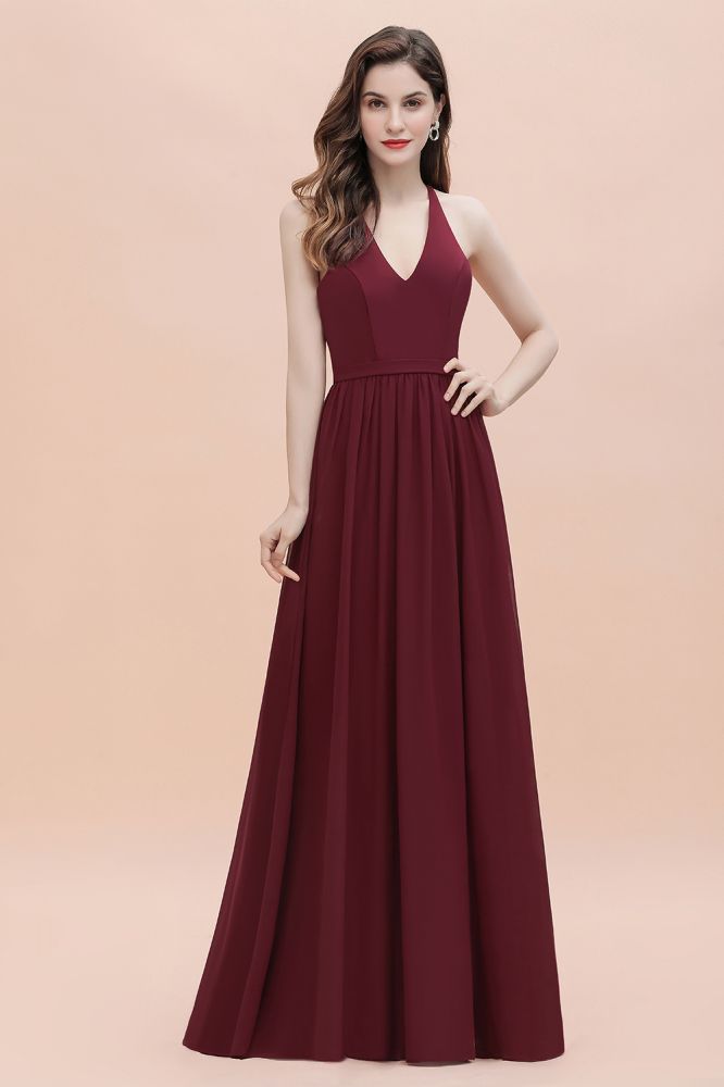 Burgundy Sleeveless V-neck Beaded Back Chiffon Bridesmaid Dress