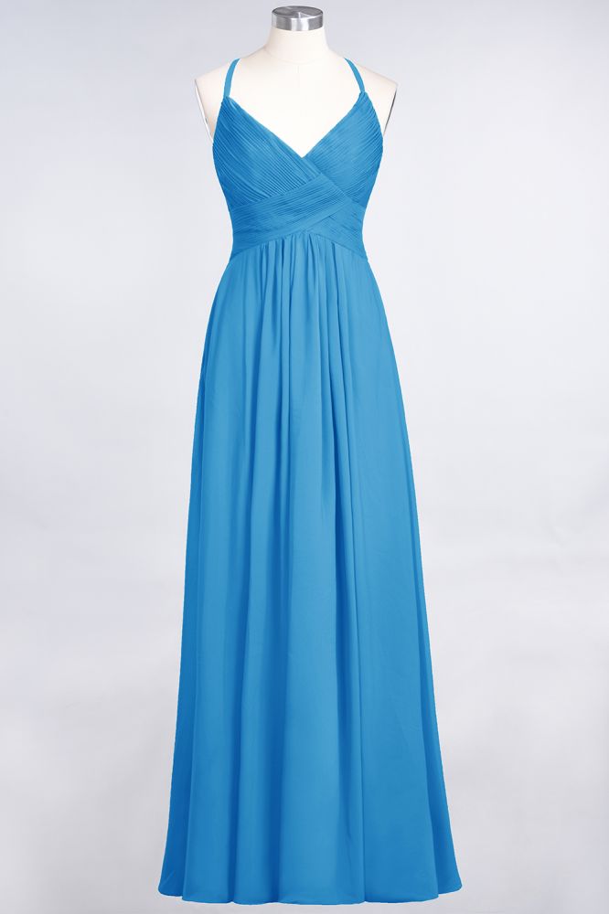 Chiffon A-Line Spaghetti-Straps V-Neck Sleeveless Long Bridesmaid Dress with Ruffles