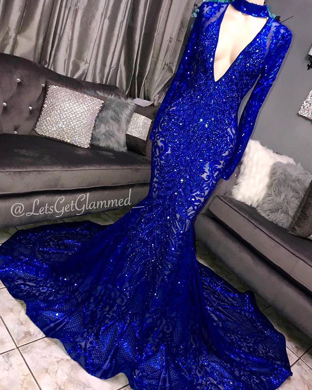 Glamorous Mermaid Long Sleeves Deep V-neck Lace Applique Prom Dresses