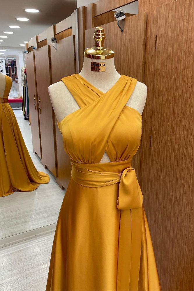 Criss-cross Sleeveless A-line Satin Floor length Prom Dresses