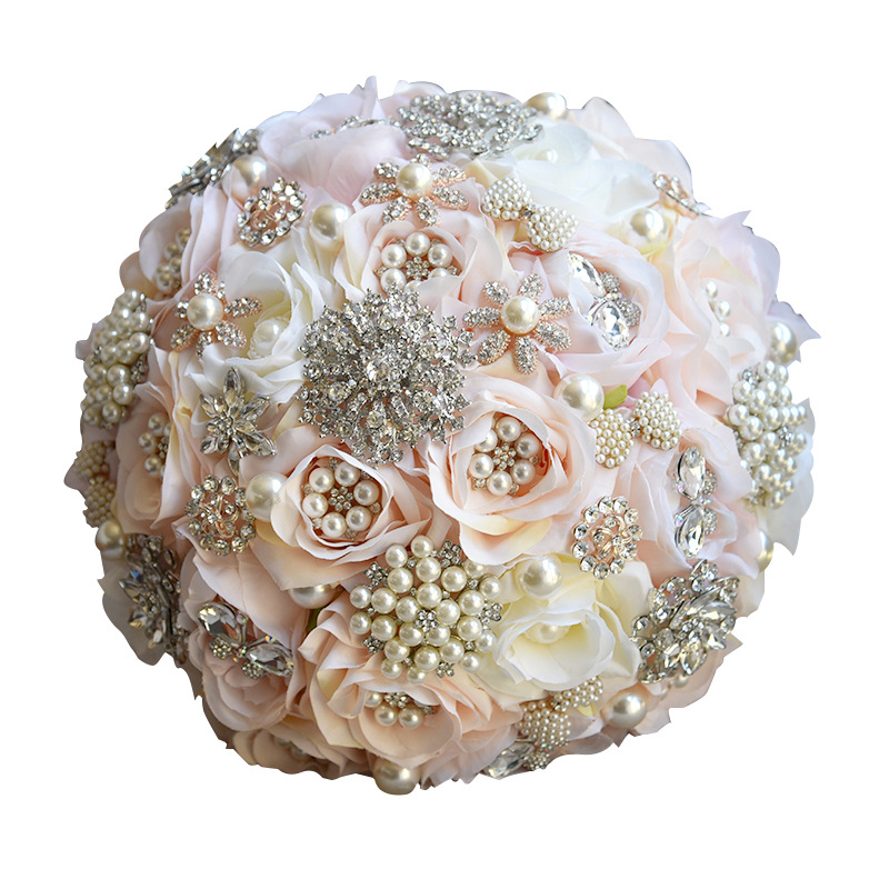 Shiny Crystal Beading Silk Rose Wedding Bouquet in White and Pink