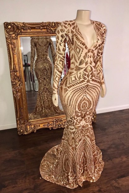 Champagne Sequins V-neck Long Sleeves Mermaid Prom Dresses