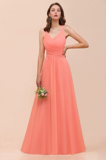 Elegant V-Neck Coral Ruffle Chiffon Bridesmaid Dress
