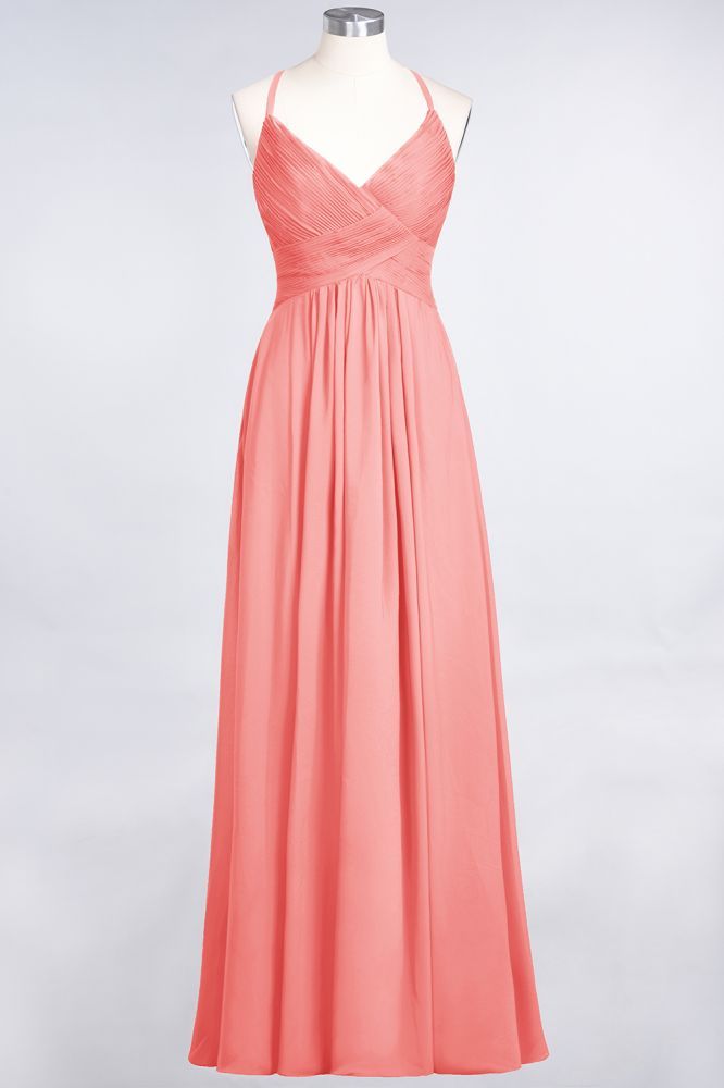 Chiffon A-Line Spaghetti-Straps V-Neck Sleeveless Long Bridesmaid Dress with Ruffles