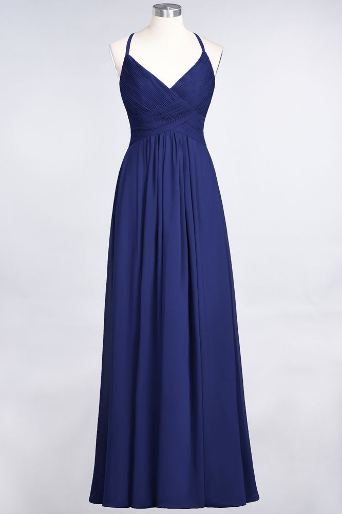 Chiffon A-Line Spaghetti-Straps V-Neck Sleeveless Long Bridesmaid Dress with Ruffles