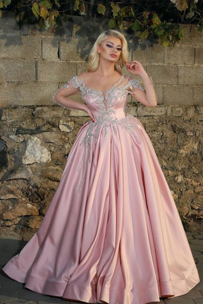 open lace back dress Sparkle Princess Lavender Bustier Puff Sleeve Lace Long Prom Gown – Modsele