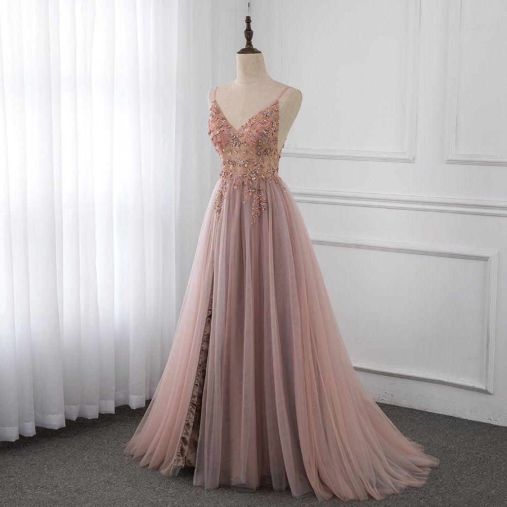 Sweetheart Crystal Prom Dresses Straps Spaghetti Tulle Evening Gown Split Side