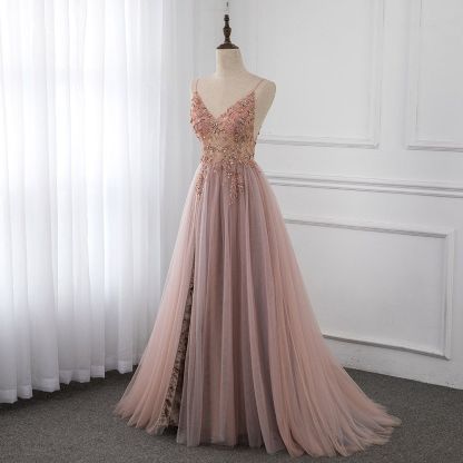 Sweetheart Crystal Prom Dresses Straps Spaghetti Tulle Evening Gown Split Side