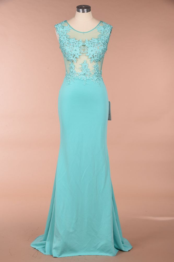 Arrick | Mint Green round neck Cap sleeve Lace appliques Prom Dress