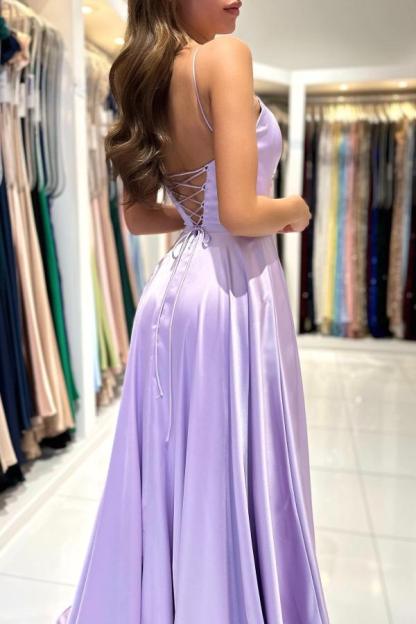 Elegant Lilac Spaghetti Straps Lace-Up Long Length Stretch Satin Prom Dress