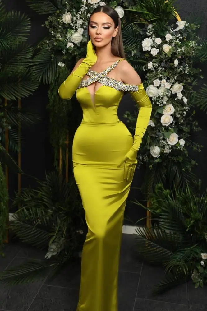 Long sleeves Off the shouder Mermaid Satin Prom Dresses