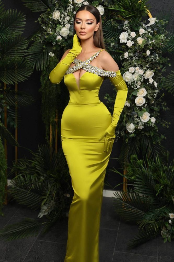 Long sleeves Off the shouder Mermaid Satin Prom Dresses