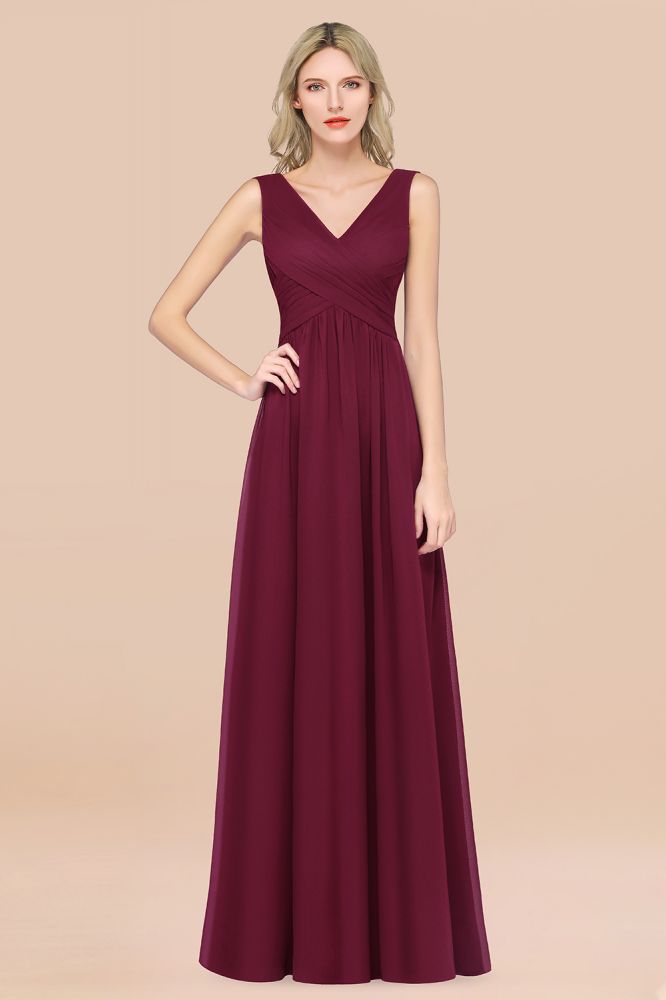 Chiffon A-Line Straps V-Neck Sleeveless Long Bridesmaid Dress with Ruffles