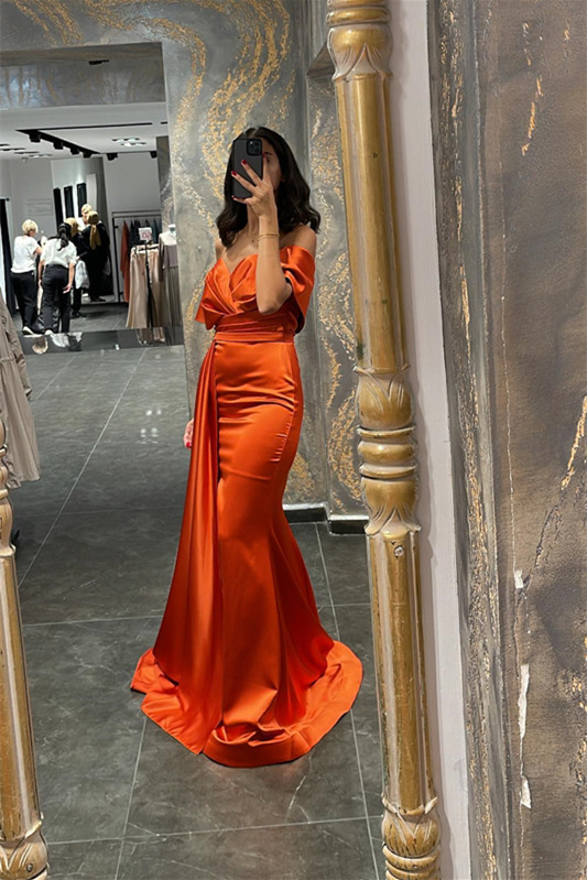Orange Shiny Satin Floor Length Prom Dresses