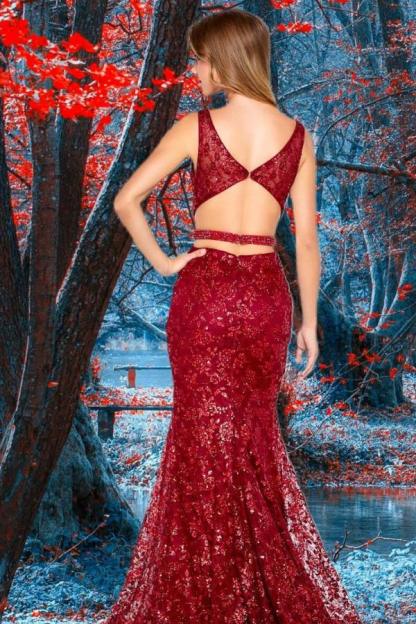 Wine Red Mermaid Backless Prom Dress Sequin Formal Evening Dress
