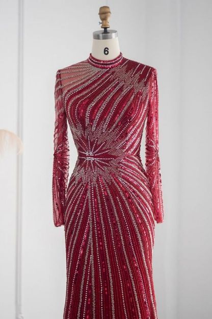 Elegant High Neck Long Sleeves Beading Mermaid Evening Gowns with Crystals Sash