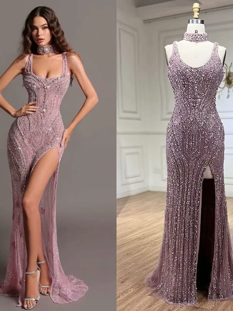 Fashion Sheath Bead Embroidery Dusk Square Split Long Prom Dress