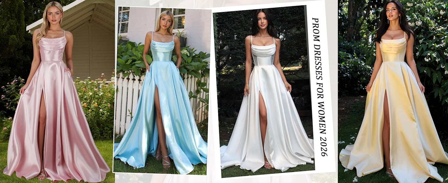 Prom Dresses for Women Ball Gown Long Satin Dress with Pockets