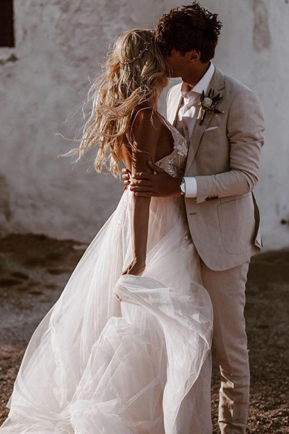 White Lace Tulle Summer Garden Wedding Dresses