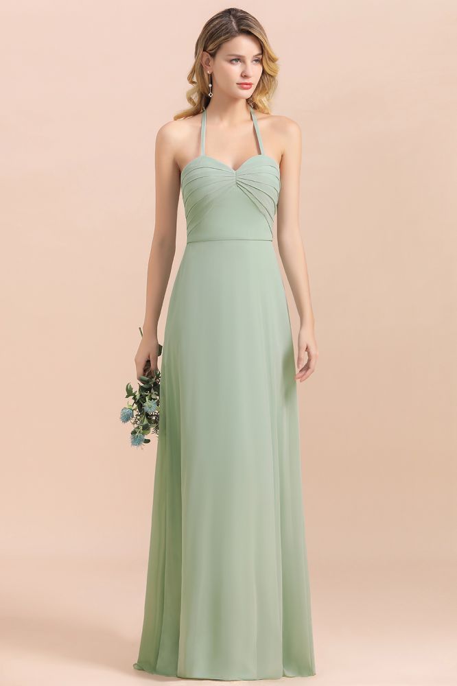 Chic halter Sage Color Aline Bridesmaid Dress Sweetheart Chiffon Long Wedding Guest Dress