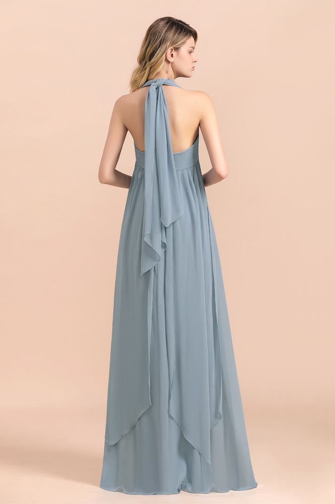 Grey Blue V-Neck Sleeveless Aline Wedding Guest Dress Simple Bridesmaid Dress Floor Length