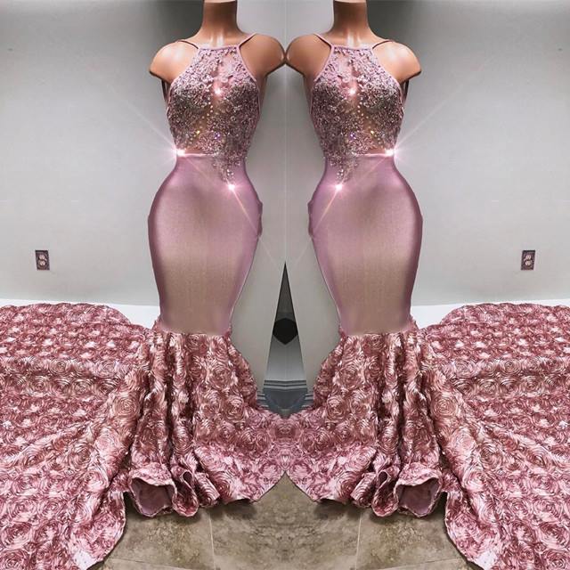 Glamorous Halter Mermaid Pink Prom Dress Lace With 3D-Floral Flowers Bottom BA7797