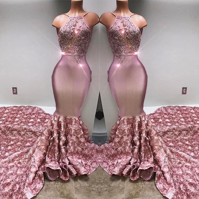 Glamorous Halter Mermaid Pink Prom Dress Lace With 3D-Floral Flowers Bottom BA7797
