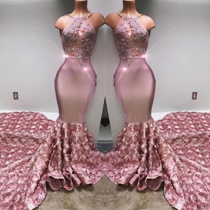 Glamorous Halter Mermaid Pink Prom Dress Lace With 3D-Floral Flowers Bottom BA7797